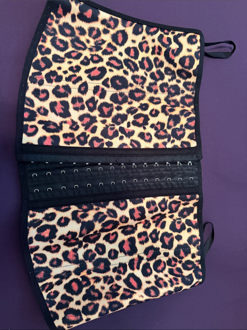 Hourglass Leopard Print Waist Trainer in Black and Tan with Pink Accents